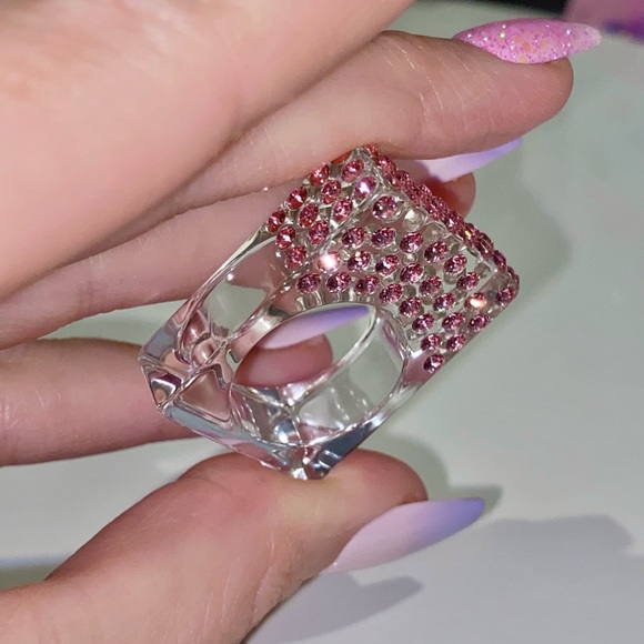 Clear Acrylic Ring With Pink Swarovski Crystals, Geometric Square Art Deco Ring - Picture 9 of 11